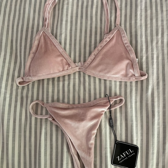 zaful cami pink velvet string thong bikini set- - Picture 4 of 4